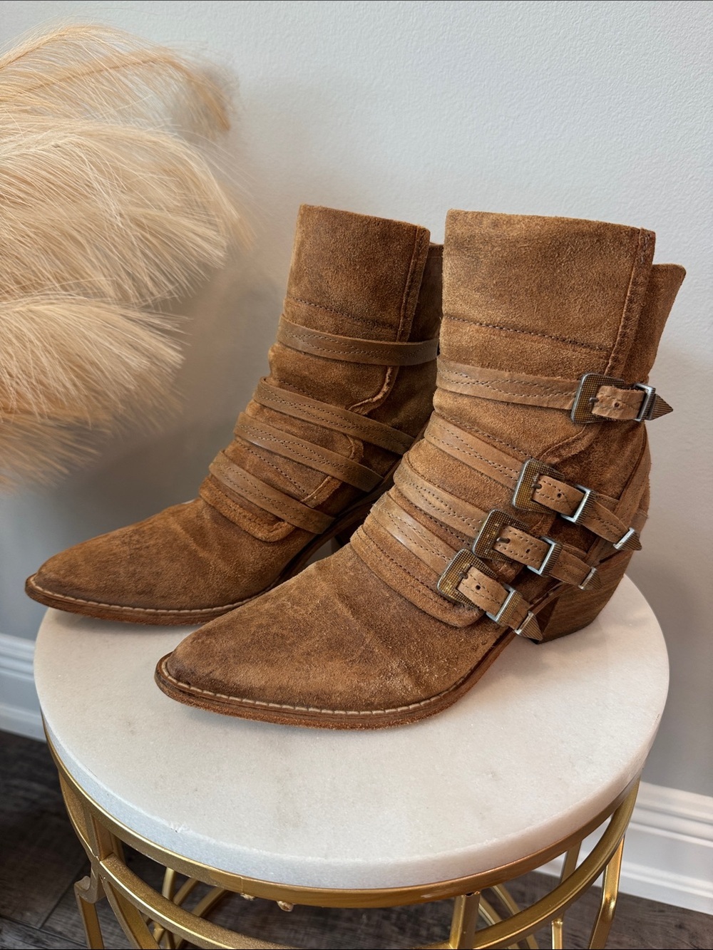 Free People Cognac Suede Multi-Buckle Ankle Boots